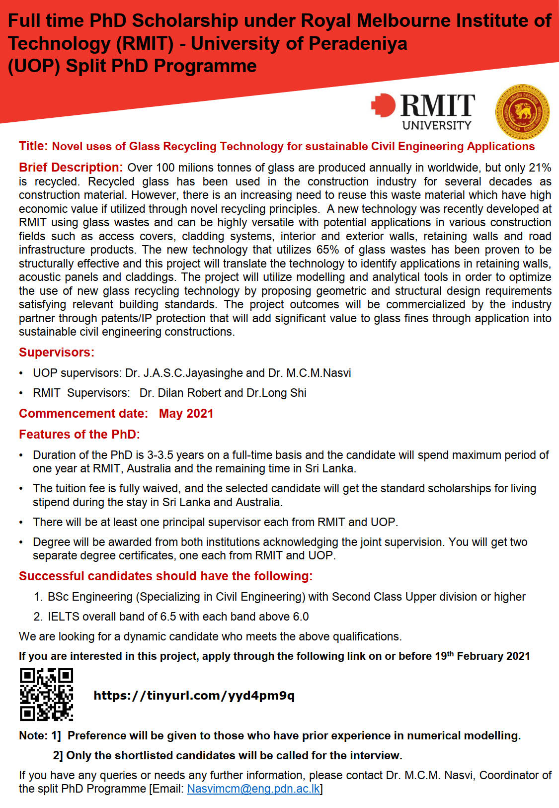 Full time PhD Scholarship-RMIT and UOP- Novel uses of Glass Recycling Technology for sustainable
