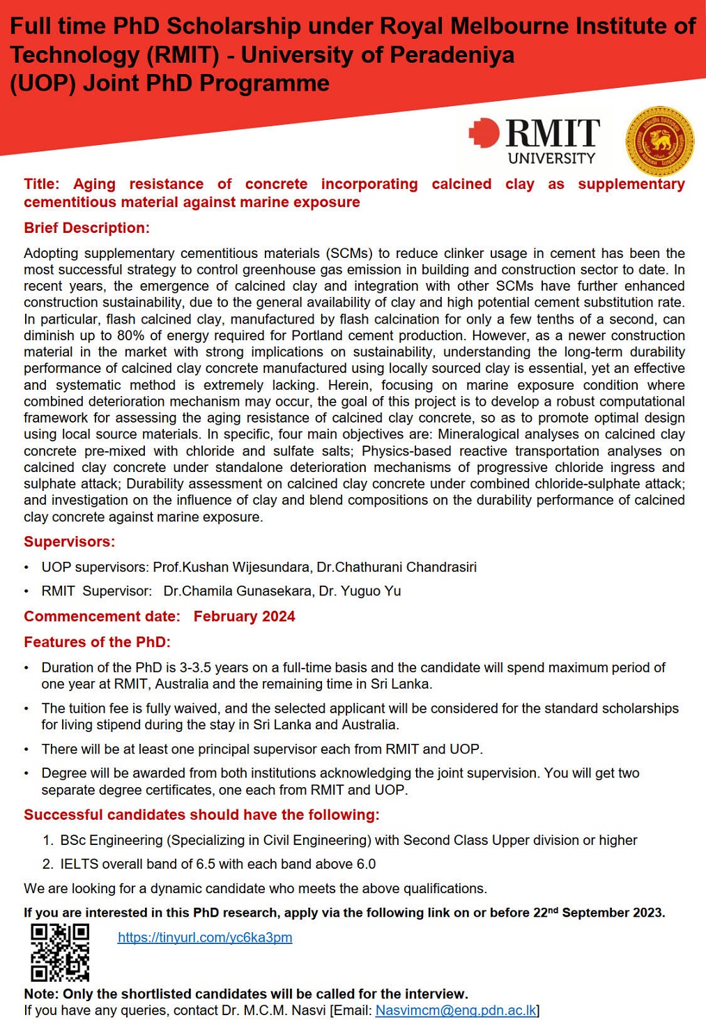 Full time PhD Scholarship-RMIT and UOP- Aging resistance of concrete incorporating calcined clay ....
