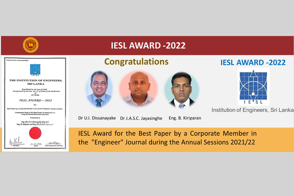 IESL AWARD - 2022 for Best Paper - in the Journal Engineer during the session 2021/22