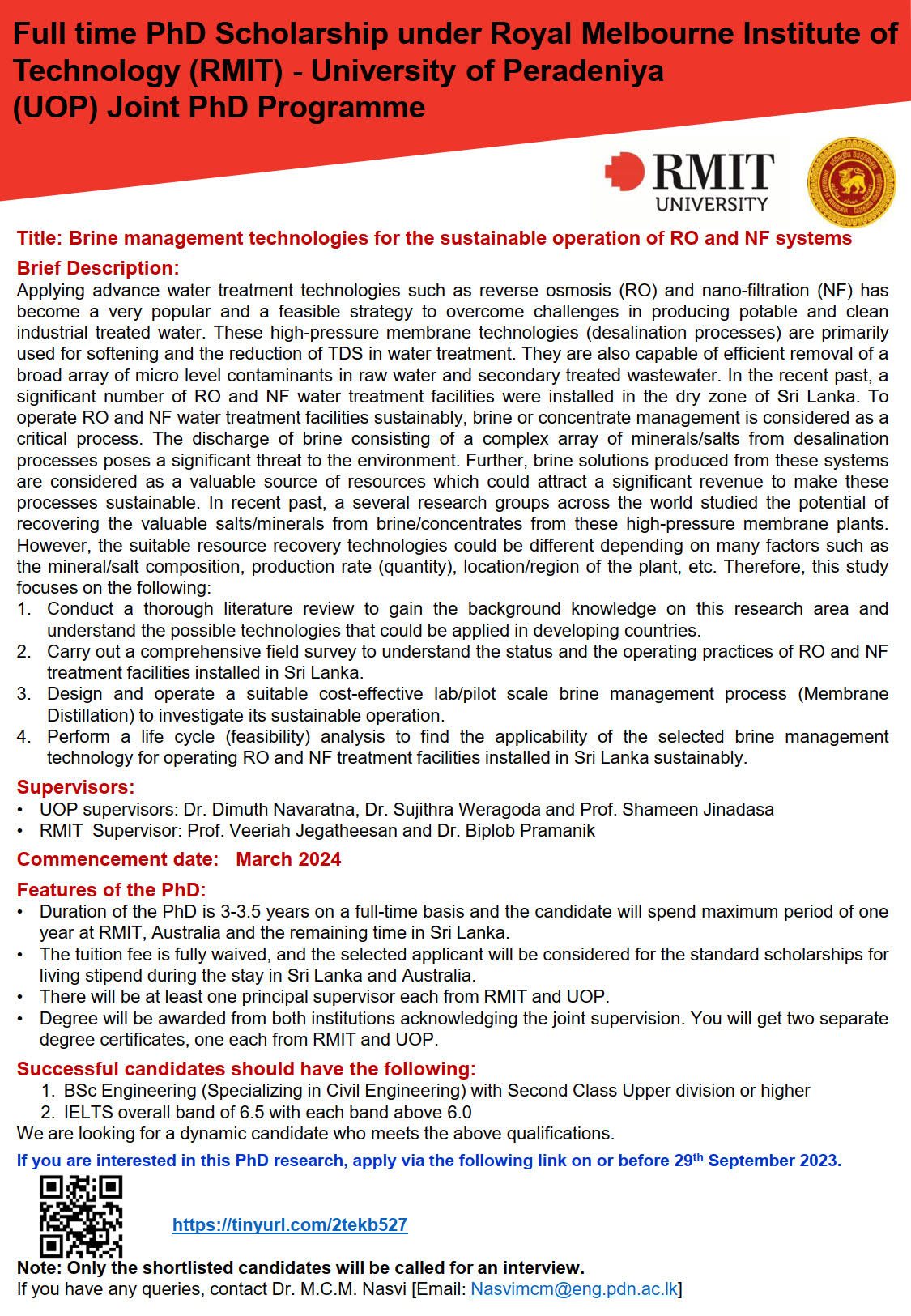 Full time PhD Scholarship-RMIT and UOP- Brine management technologies for the sustainable operation ....