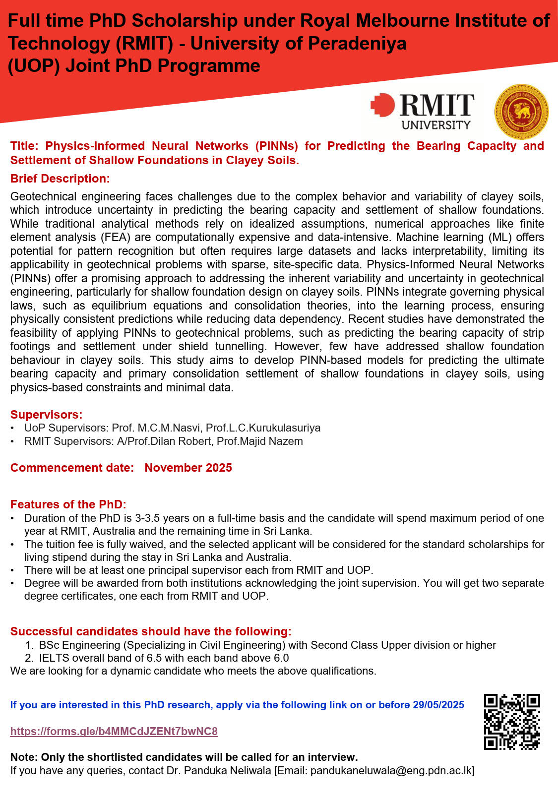 Full time PhD Scholarship under Royal Melbourne Institute of Technology (RMIT) - University of Peradeniya (UOP) Joint PhD Programme