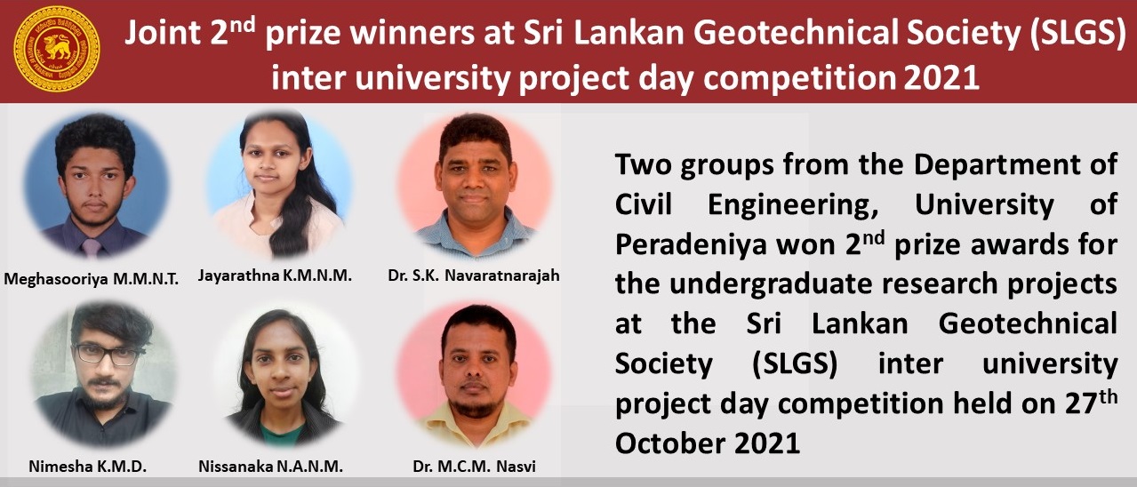 Joint 2nd price winners at Sri Lankan Geotechnical Society (SLGS)inter university project day competition 2021