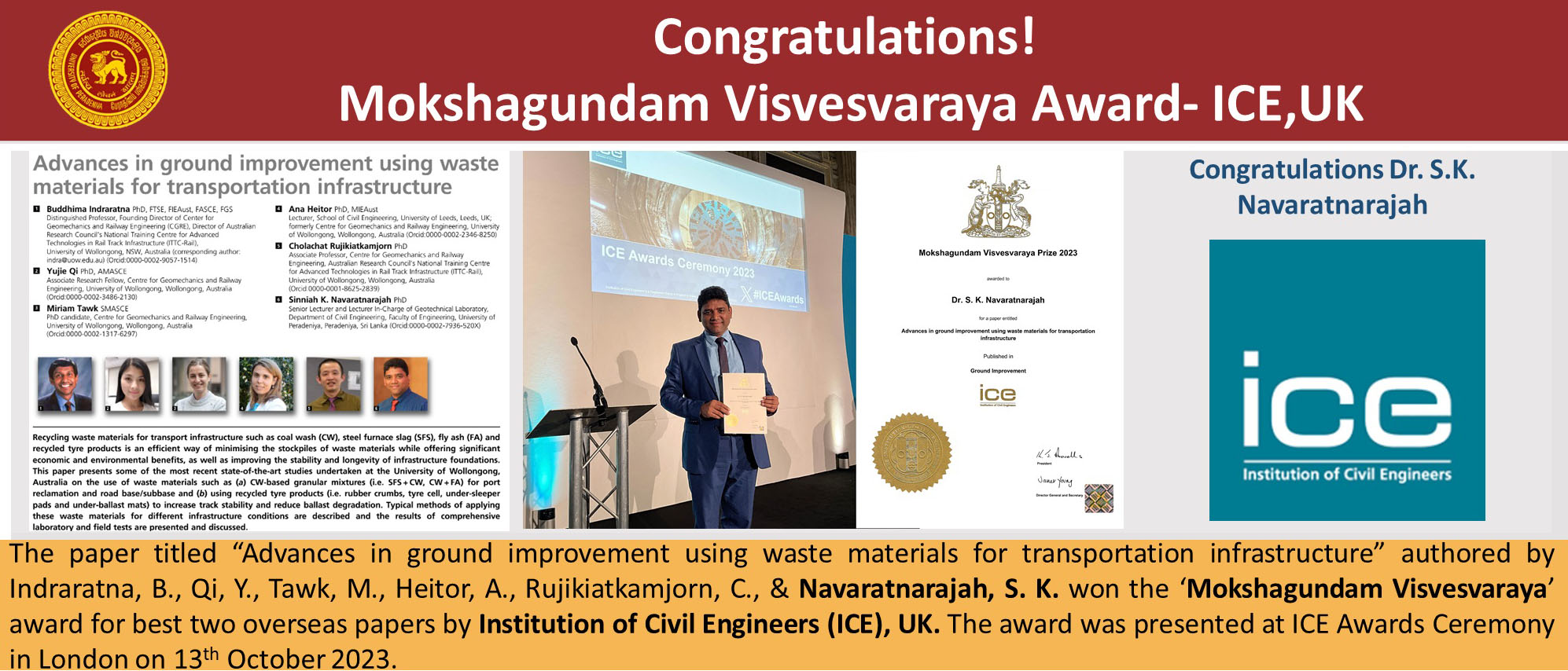 Navaratnarajah, S. K. won - Mokshagundam Visvesvaraya Award- ICE,UK 