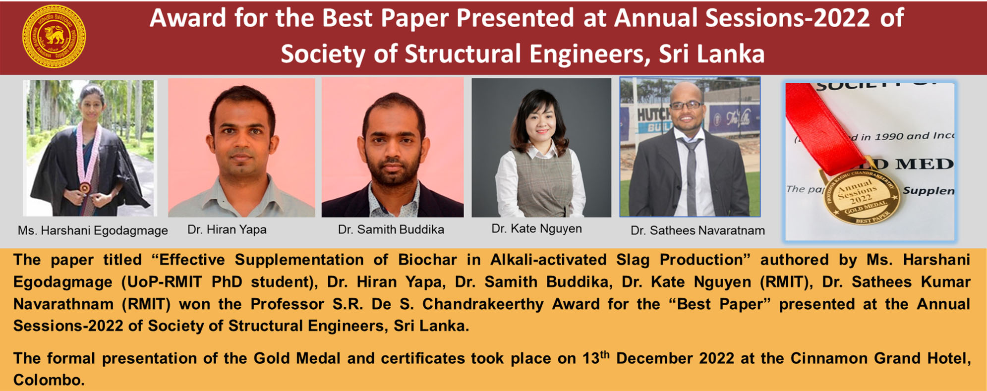 Award for the Best Paper Presented at the Annual Secessions - 2022 of the Society of Structural Engineers - Sri Lanka