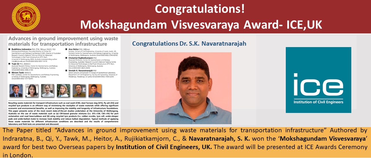 Navaratnarajah, S. K. won - Mokshagundam Visvesvaraya Award- ICE,UK 
