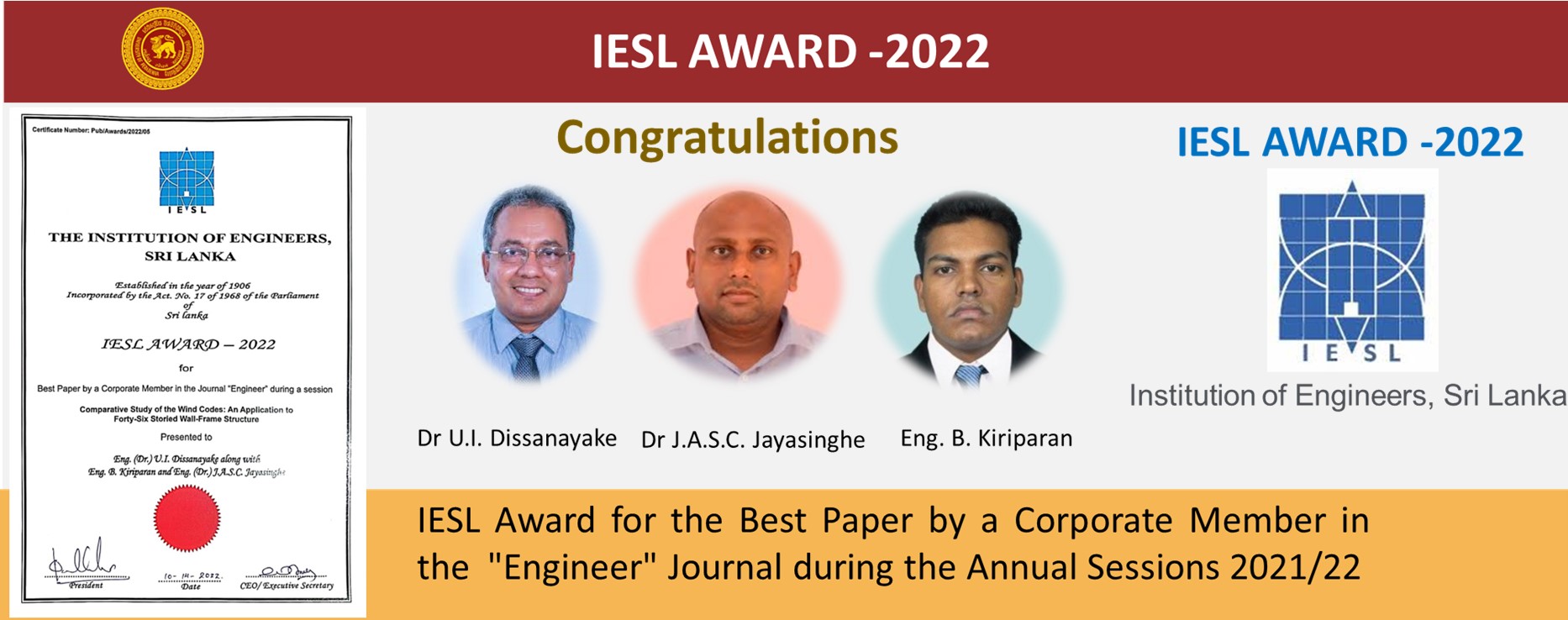 IESL AWARD - 2022 for Best Paper - in the Journal Engineer during the session 2021/22