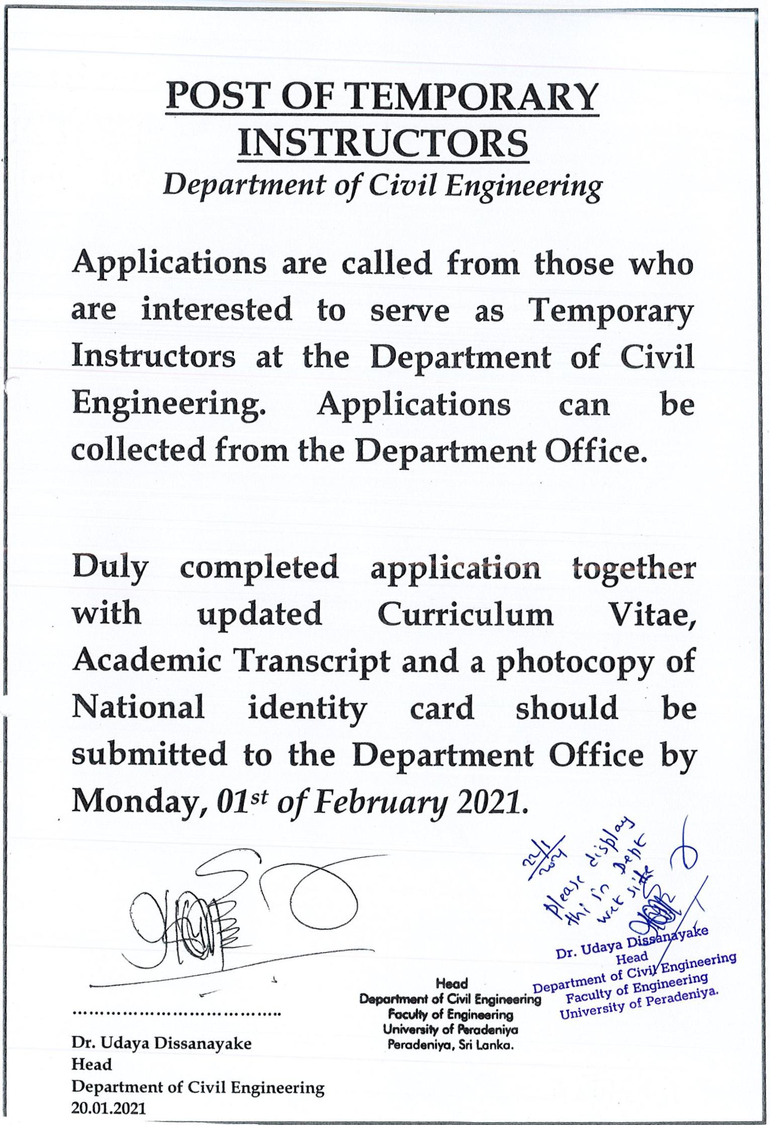 Post of Temporary Instructors: Department of Civil Engineering