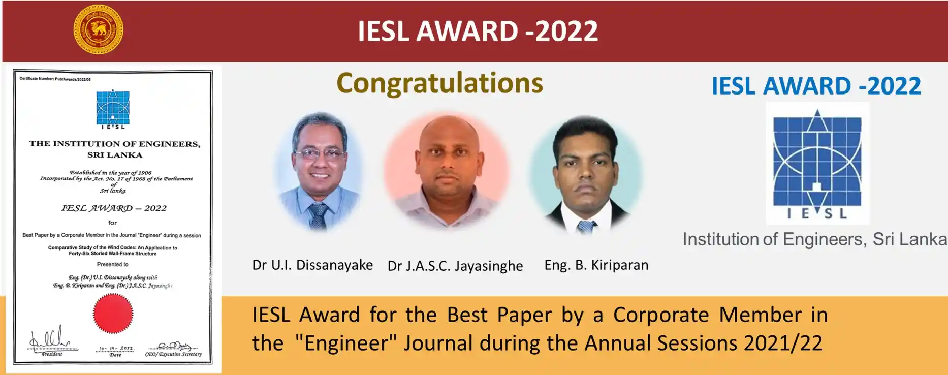 IESL AWARD - 2022 for Best Paper - in the Journal "Engineer" during the session 2021/22